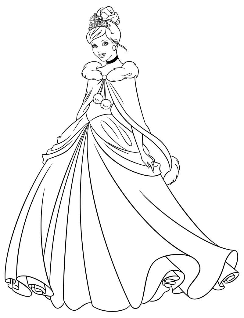 Раскраска - Принцессы Диснея - Золушка в зимнем платье