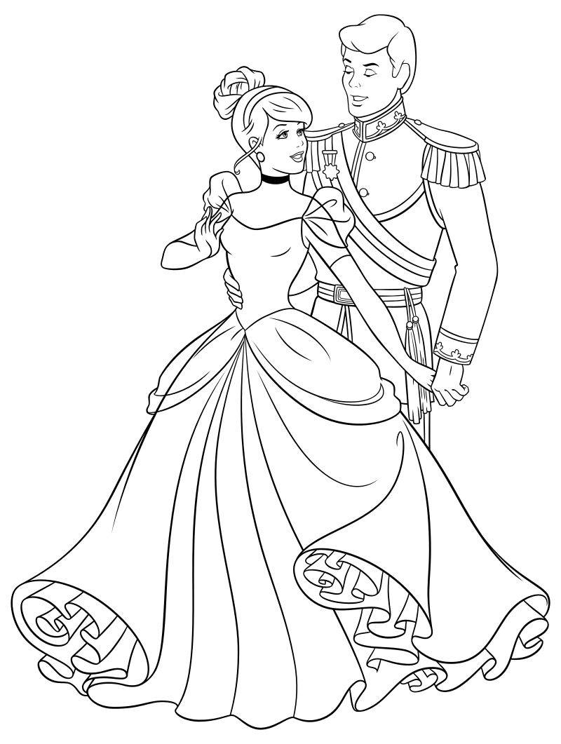Раскраска - Принцессы Диснея - Золушка танцует с принцем