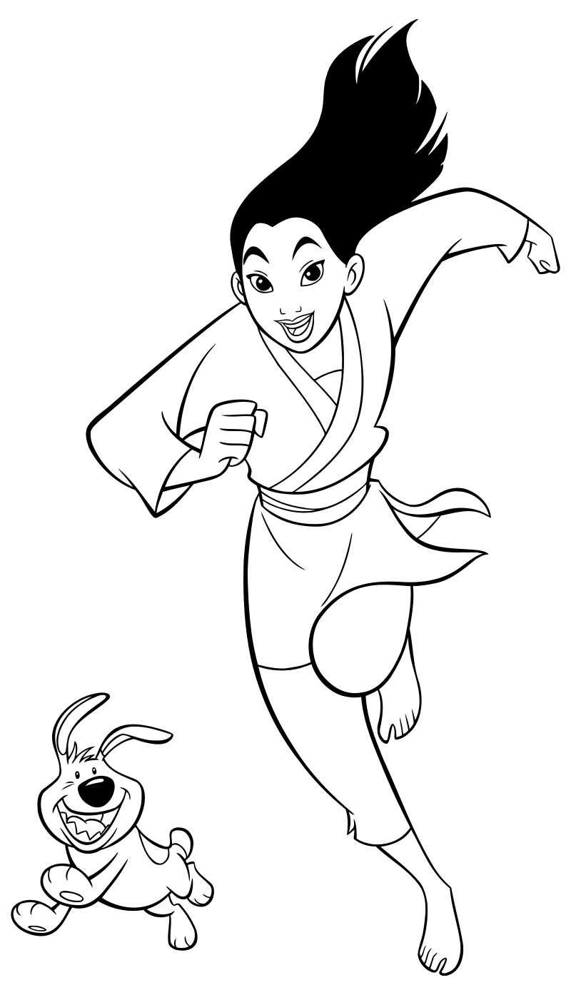 Раскраска - Принцессы Диснея - Мулан бежит с маленьким братом