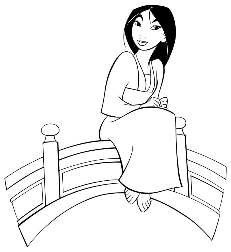 Раскраска - Принцессы Диснея - Мулан отдыхает на мосту