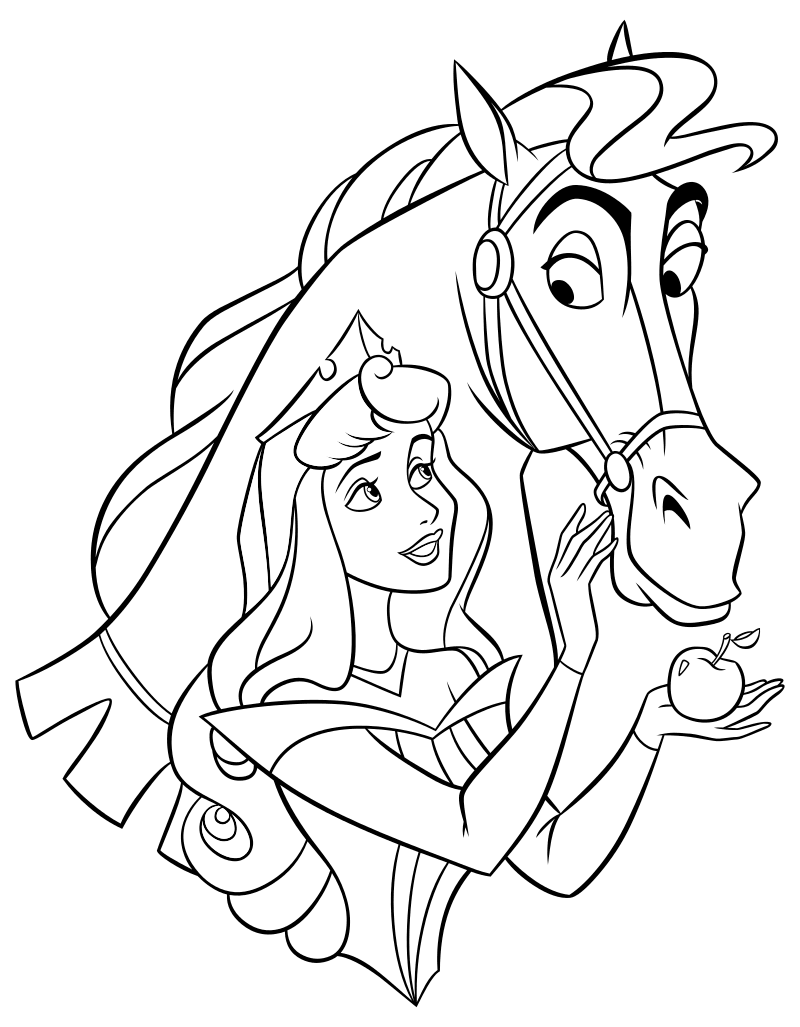 Раскраска - Принцессы Диснея - Аврора и конь Самсон