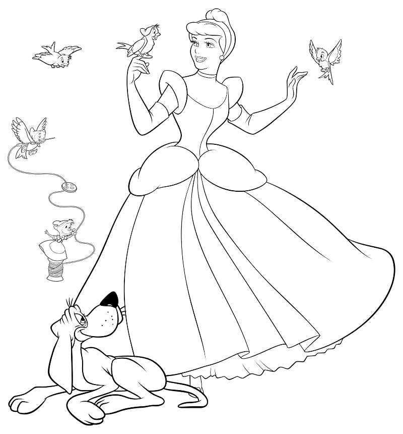 Раскраска - Принцессы Диснея - Золушка, пёс Бруно и птицы