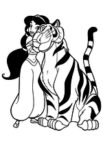 Раскраска - Принцессы Диснея - Жасмин обнимает тигра Раджу