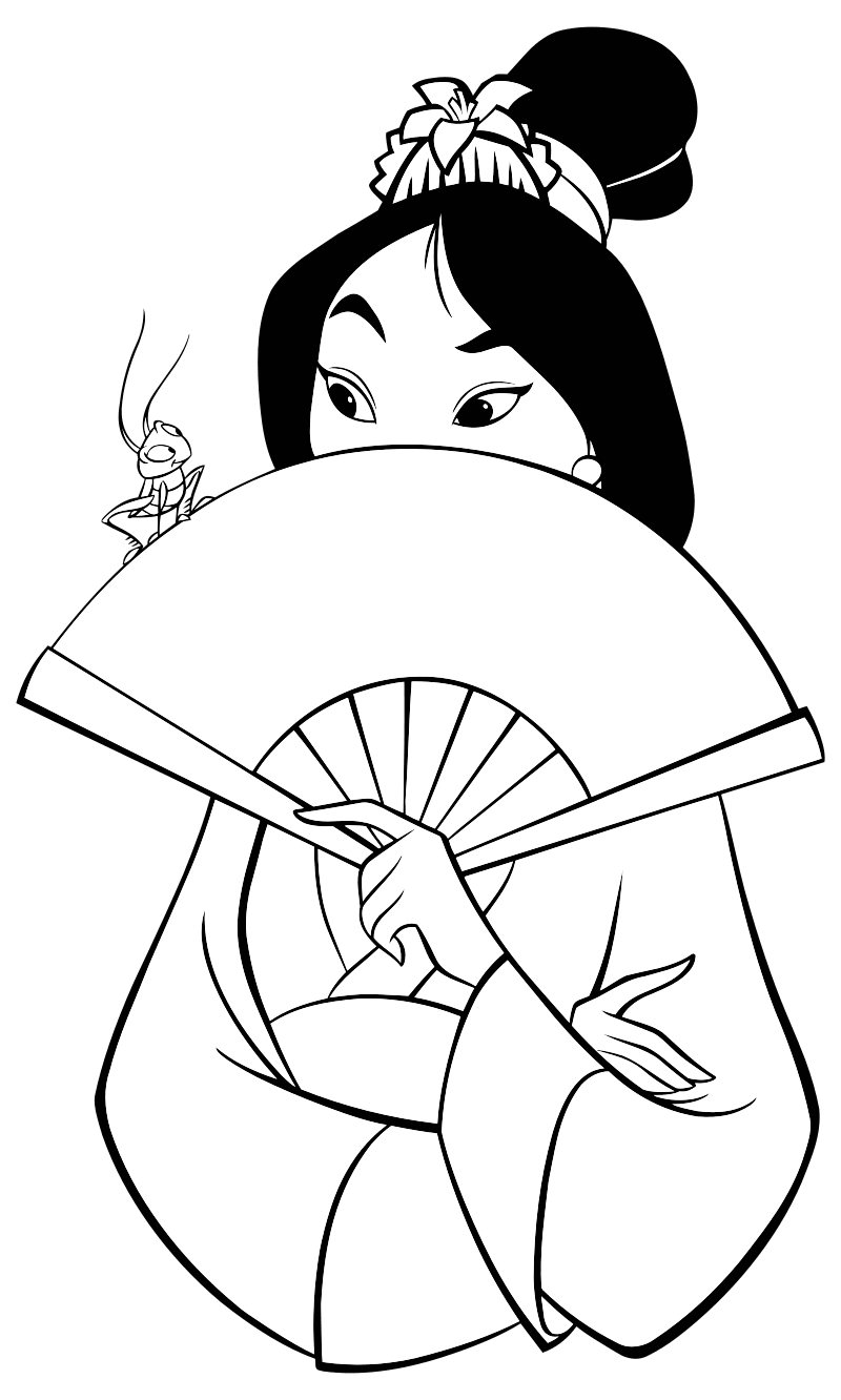 Раскраска - Принцессы Диснея - Мулан с веером и сверчок Кри-Ки
