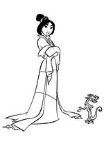 Раскраска - Принцессы Диснея - Мулан и маленький дракон Мушу