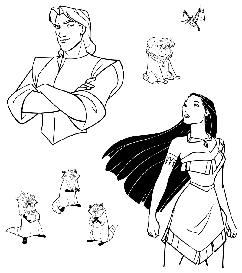 Раскраска - Принцессы Диснея - Покахонтас и её друзья
