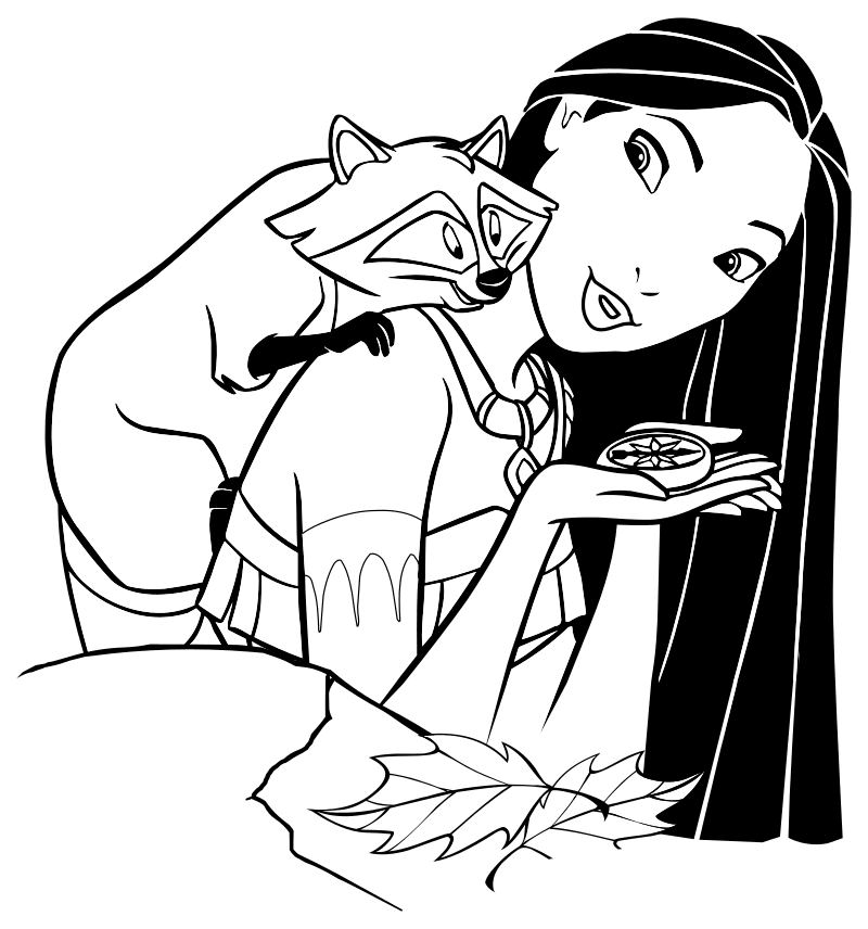 Раскраска - Принцессы Диснея - Покахонтас и Мико изучают компас
