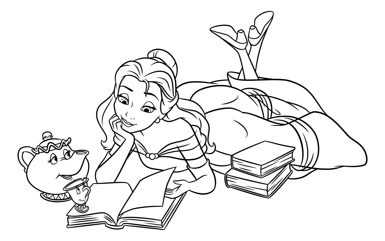 Раскраска - Принцессы Диснея - Белль читает книгу в компании Чипа и Мадам Поттс