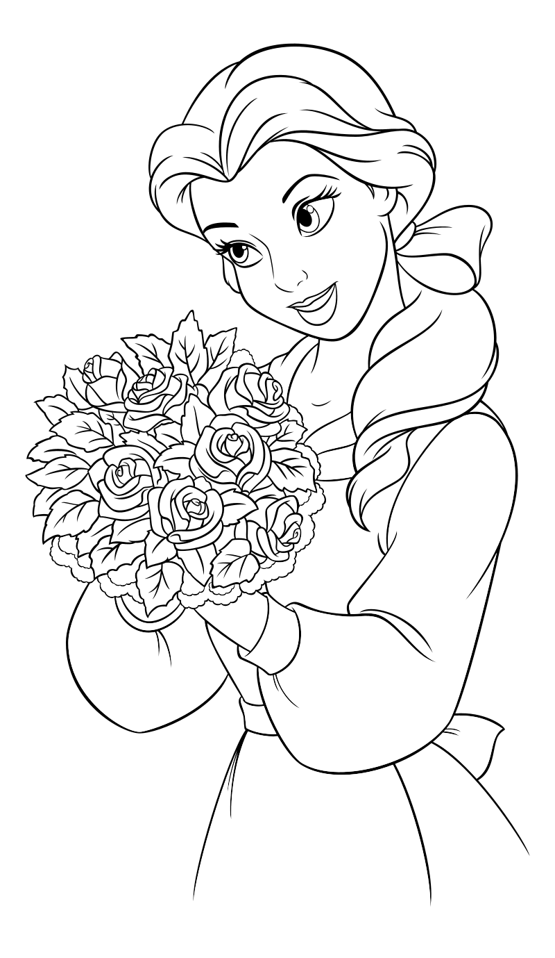 Раскраска - Принцессы Диснея - Белль с букетом роз