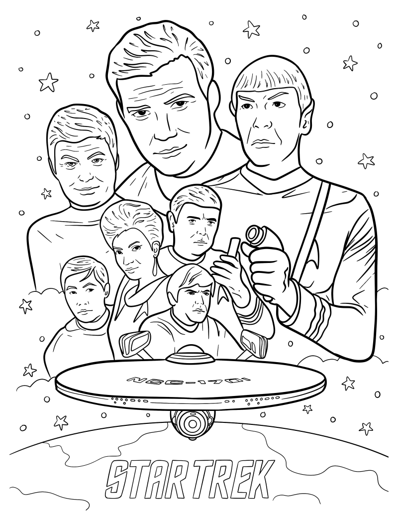 Раскраска - Звёздный путь - Постер Star Trek с Кирком, Споком, Павлом, Кристофером, Ниота, Леонардом и Хикару