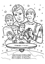 Раскраска - Звёздный путь - Постер Star Trek с Кирком, Споком, Павлом, Кристофером, Ниота, Леонардом и Хикару