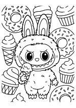 Раскраска - Лабубу - Кукла Лабубу ест мороженое