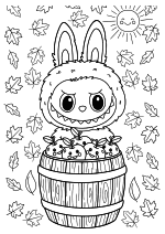 Раскраска - Лабубу - Осенний Лабубу за бочкой с яблоками