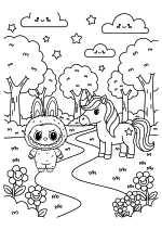 Раскраска - Лабубу - Лабубу с единорогом в волшебном лесу