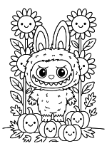 Раскраска - Лабубу - Лабубу стоит на тыквах