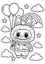 Раскраска - Лабубу - Милый Лабубу, парящий в небе на воздушных шарах
