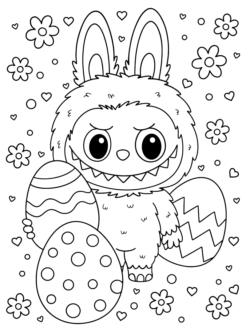 Раскраска - Лабубу - Милый Лабубу с большими пасхальными яйцами