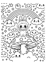 Раскраска - Лабубу - Лабубу на грибе в облаках