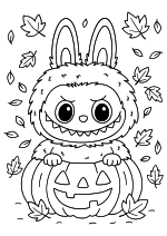 Раскраска - Лабубу - Лабубу прячется в тыквенном фонаре