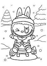 Раскраска - Лабубу - Лабубу-Санта сидит в снегу