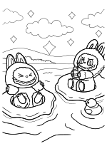 Раскраска - Лабубу - Лабубу сидит на надувных кругах в океане