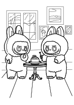 Раскраска - Лабубу - Лабубу-эльфы улыбаются торту