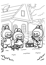 Раскраска - Лабубу - Лабубу-эльфы отдыхают в саду с едой и музыкой