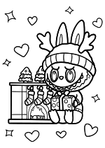 Раскраска - Лабубу - Рождественский лабубу с подарком у камина