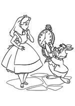 Раскраска - Алиса в Стране чудес - Кролик показывает Алисе часы