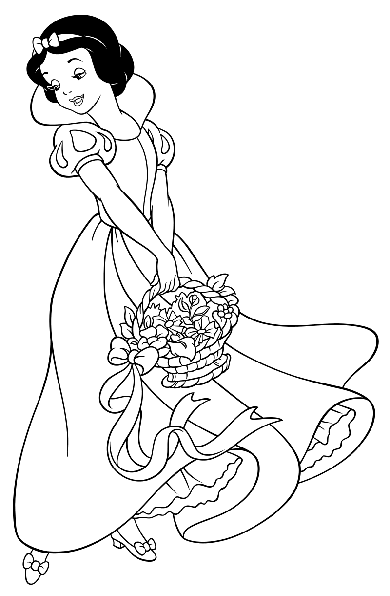 Раскраска Белоснежка с корзинкой цветов
