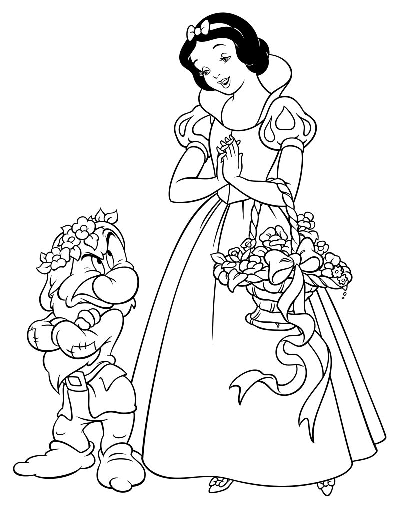 Раскраска Белоснежка с цветами и Ворчун