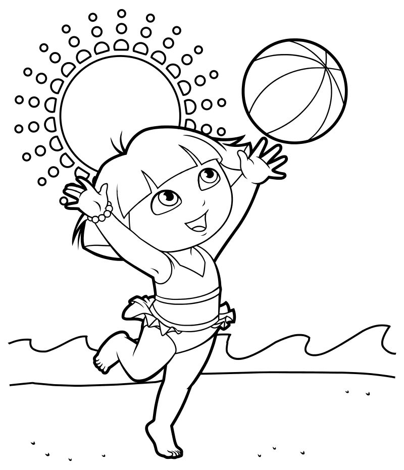 Раскраска - Даша-путешественница - Даша с мячом на пляже
