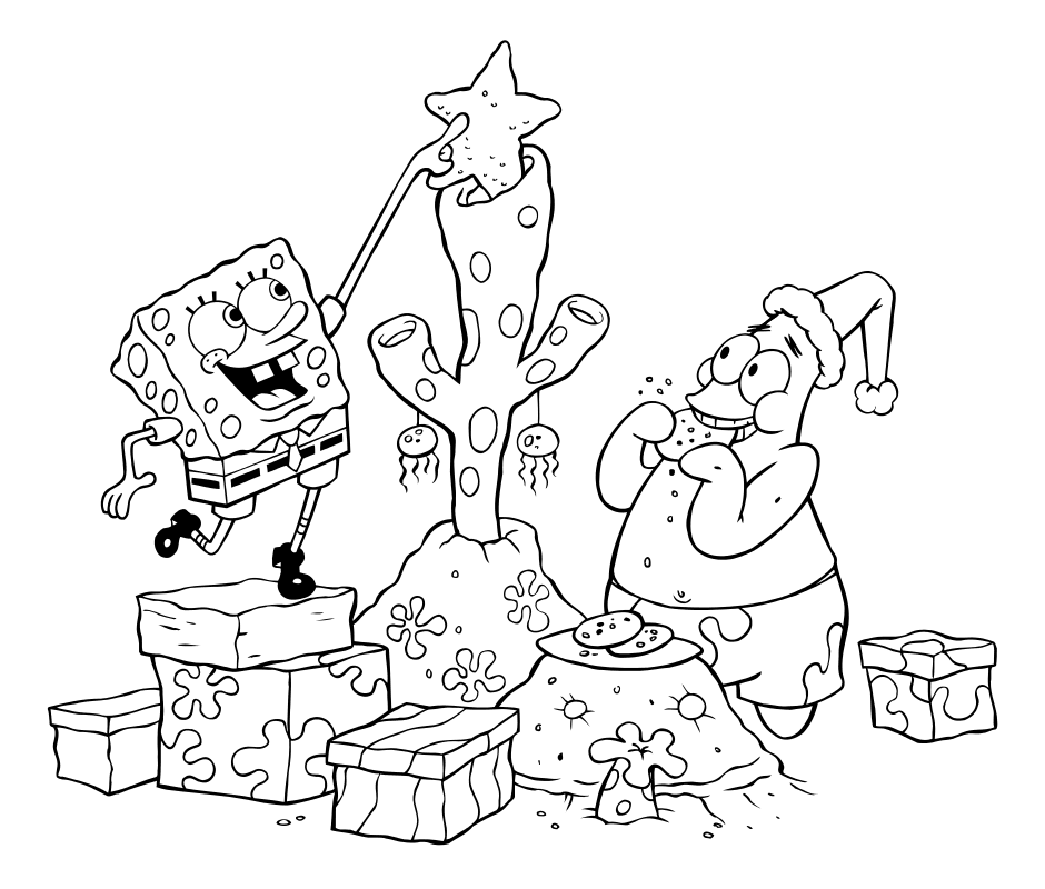 Раскраска - Губка Боб Квадратные Штаны - Губка Боб и Патрик наряжают подводную ёлку