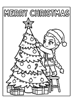 Раскраска - Кейпоп-охотницы на демонов - Чиби Руми украшает Рождественскую ёлку