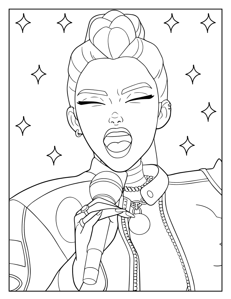 Раскраска - Кейпоп-охотницы на демонов - Руми с микрофоном поёт