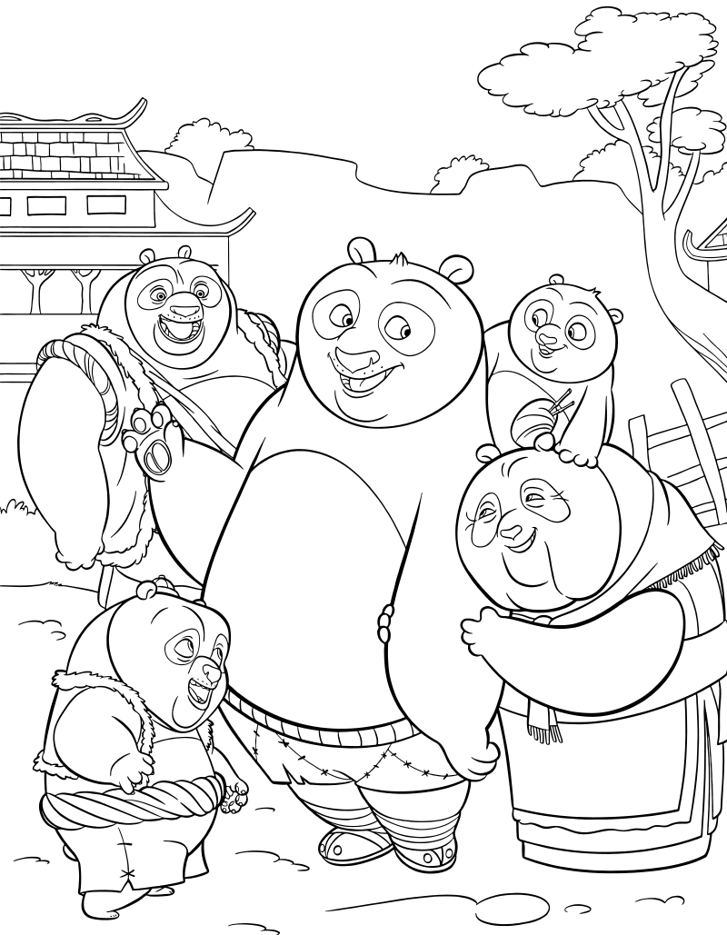 Раскраска - Кунг-фу панда 3 - Радостные панды встречают По