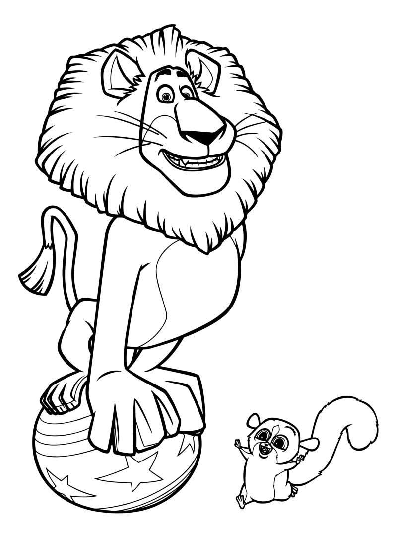 Раскраска - Мадагаскар - Алекс на шаре и мышиный лемур Морт
