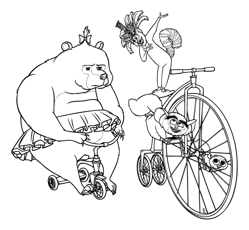 Раскраска - Мадагаскар - Медведица Соня и лемуры на велосипедах