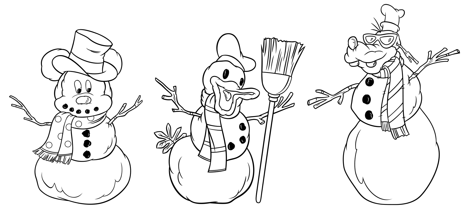 Раскраска - Микки Маус и друзья - Снеговики - Микки, Дональд и Плуто