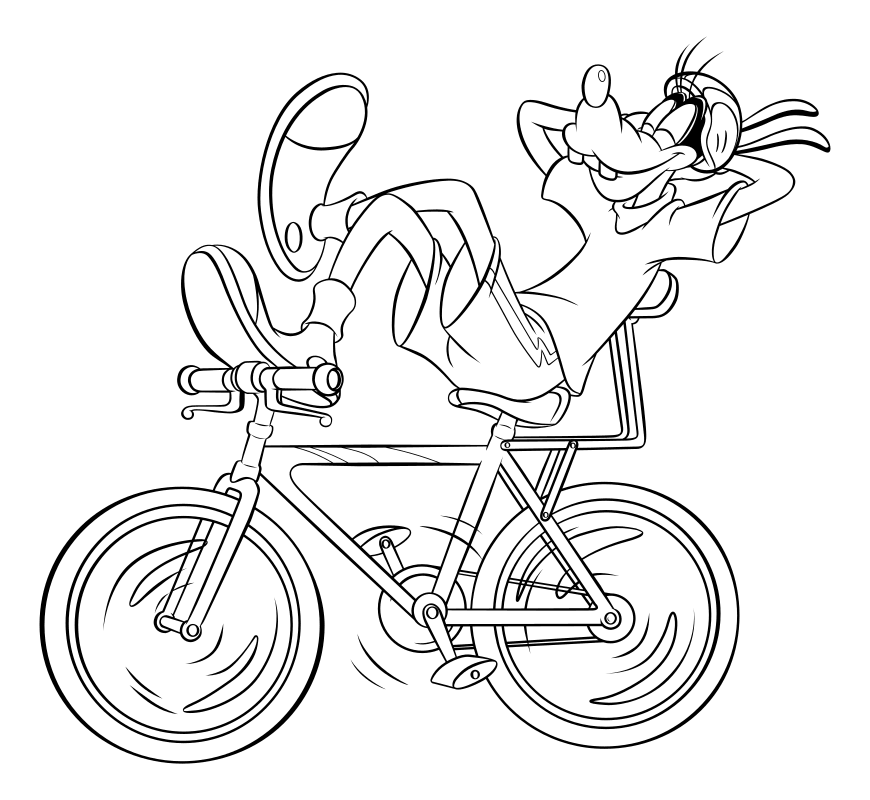 Раскраска - Микки Маус и друзья - Гуфи на велосипеде