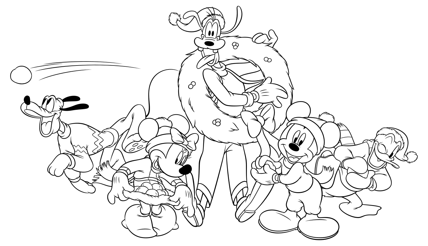 Раскраска - Микки Маус и друзья - Плуто, Минни, Гуфи, Микки и Дональд играют в снежки