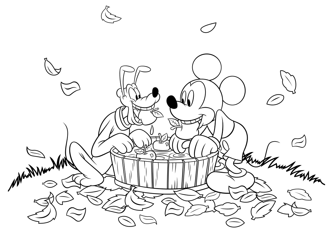 Раскраска - Микки Маус и друзья - Плуто и Микки достают яблоки из воды