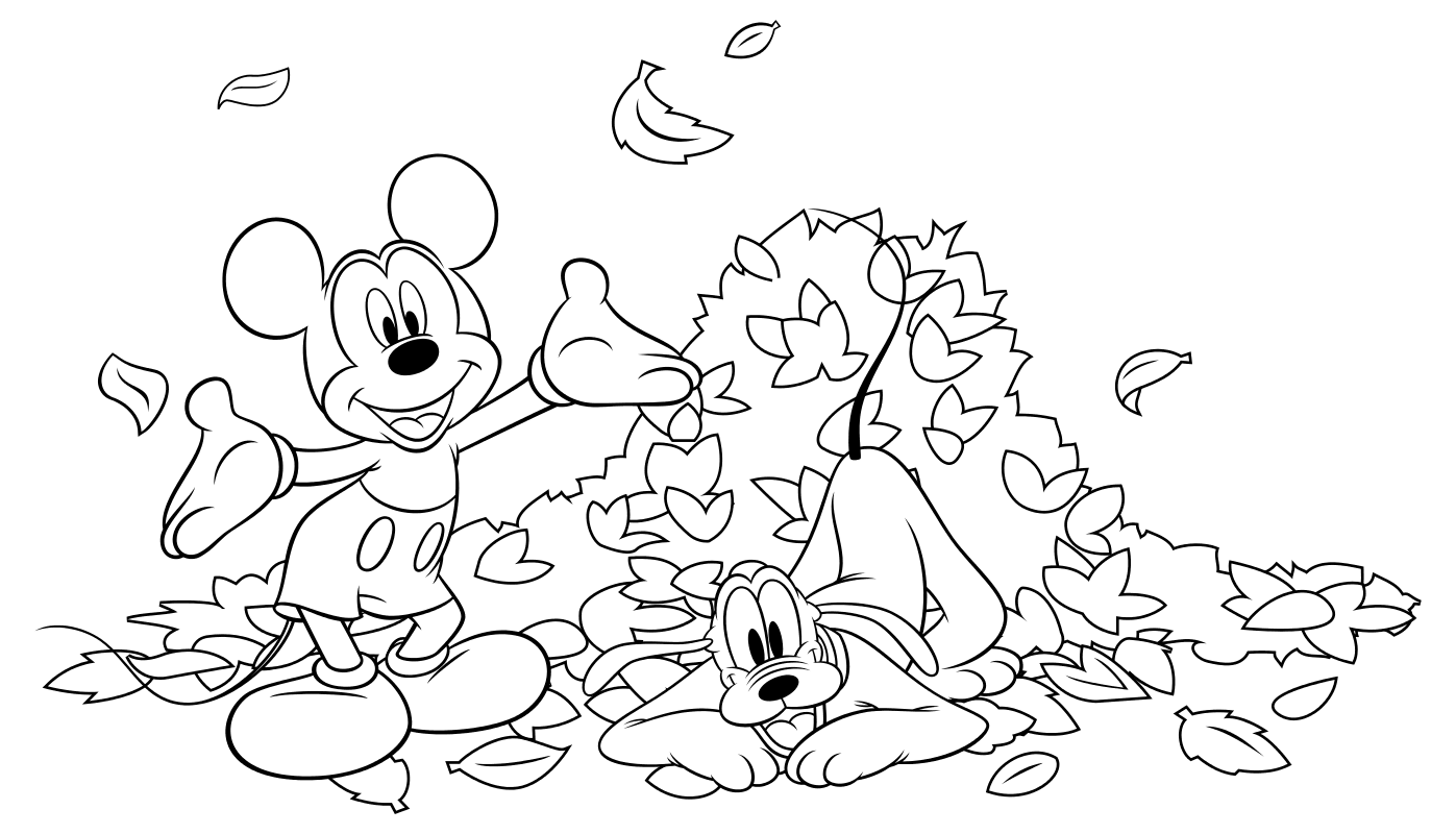 Раскраска - Микки Маус и друзья - Микки, Плуто и куча листьев