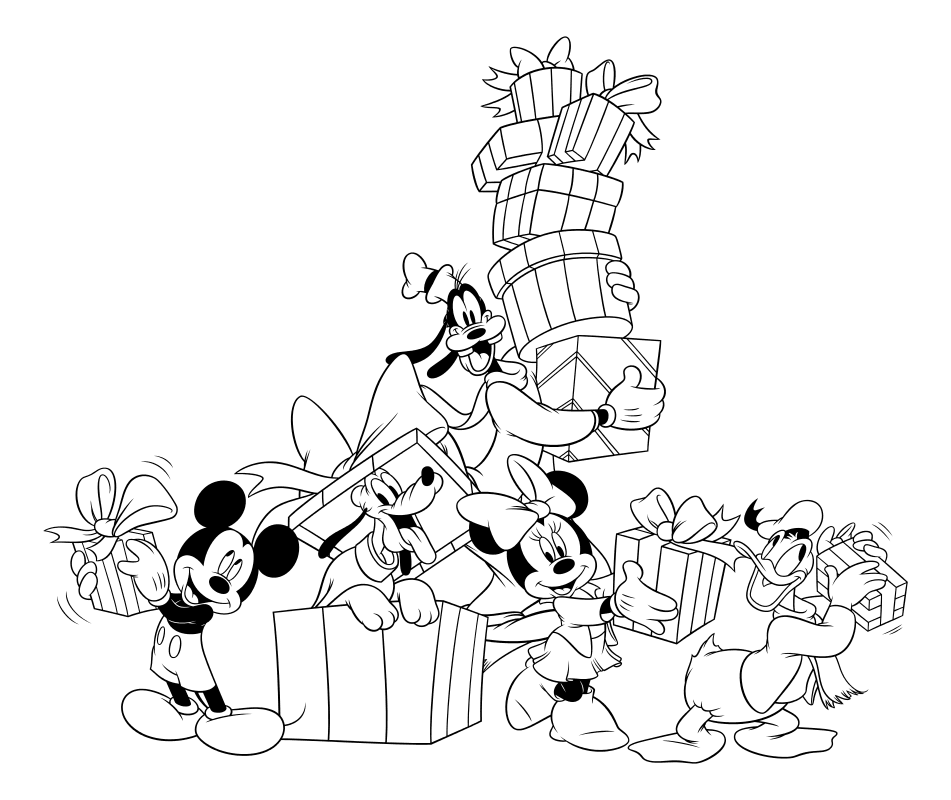 Раскраска - Микки Маус и друзья - Микки, Плуто, Гуфи, Минни и Дональд с подарками