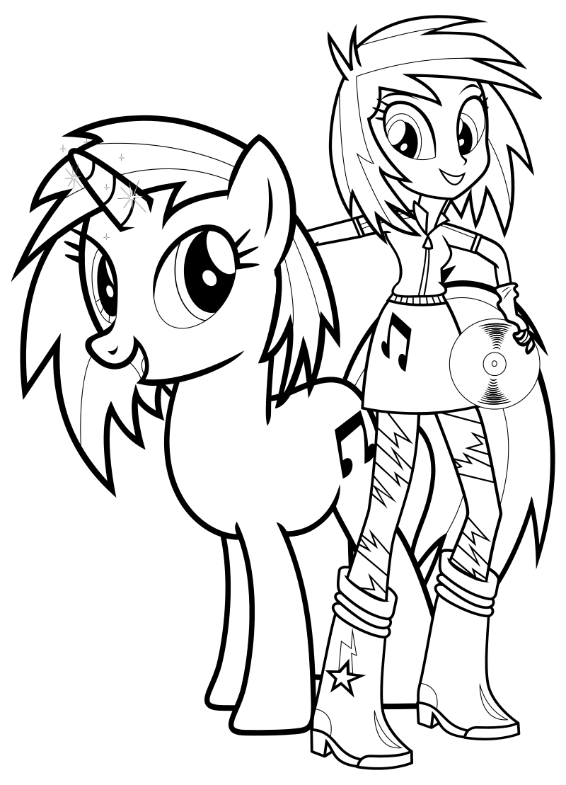Раскраска - Мой маленький пони: Девочки из Эквестрии - Винил Скрэтч пони и девочка