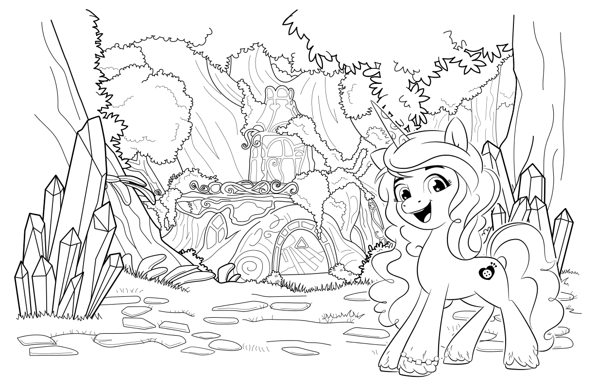 Раскраска - My Little Pony: Новое поколение - Иззи Мунбоу в лесу Бридлвуд