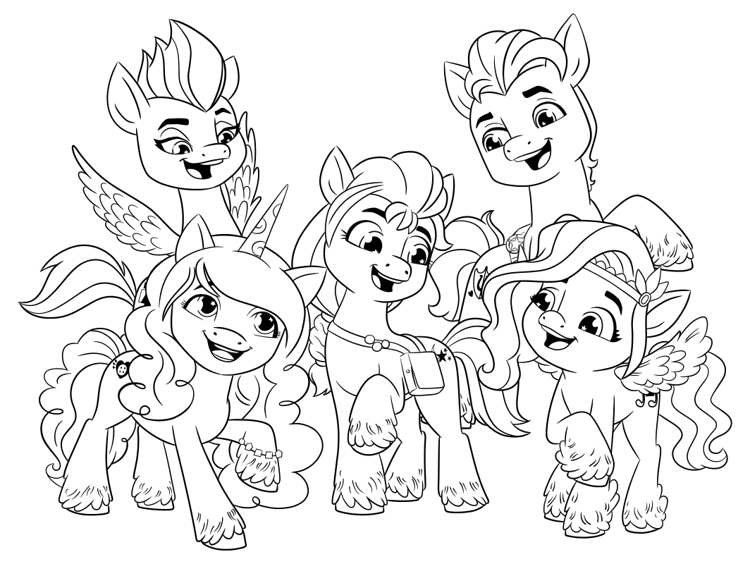 Раскраска - My Little Pony: Новое поколение - Иззи, Зипп, Санни, Хитч и Пипп