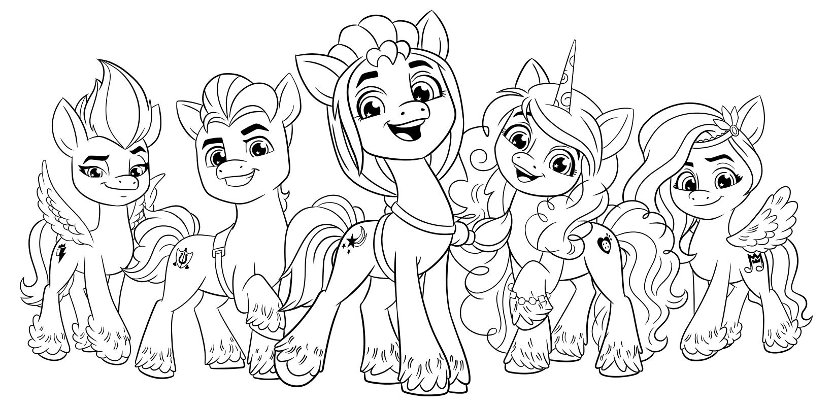 Раскраска - My Little Pony: Новое поколение - Зипп, Хитч, Санни, Иззи и Пипп