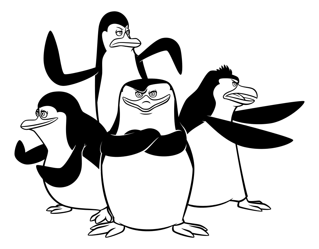 Раскраска - Пингвины Мадагаскара - Пингвины Прапор, Ковальски, Шкипер и Рико