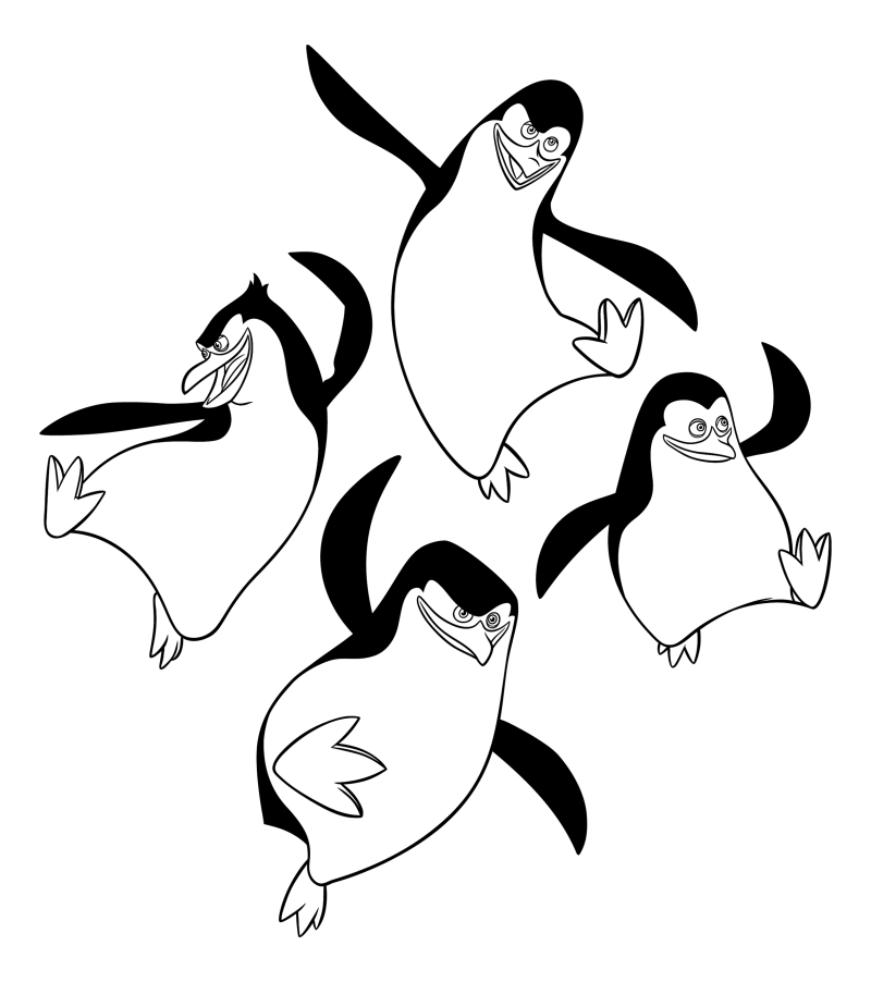 Раскраска - Пингвины Мадагаскара - Пингвины Рико, Шкипер, Ковальски и Прапор